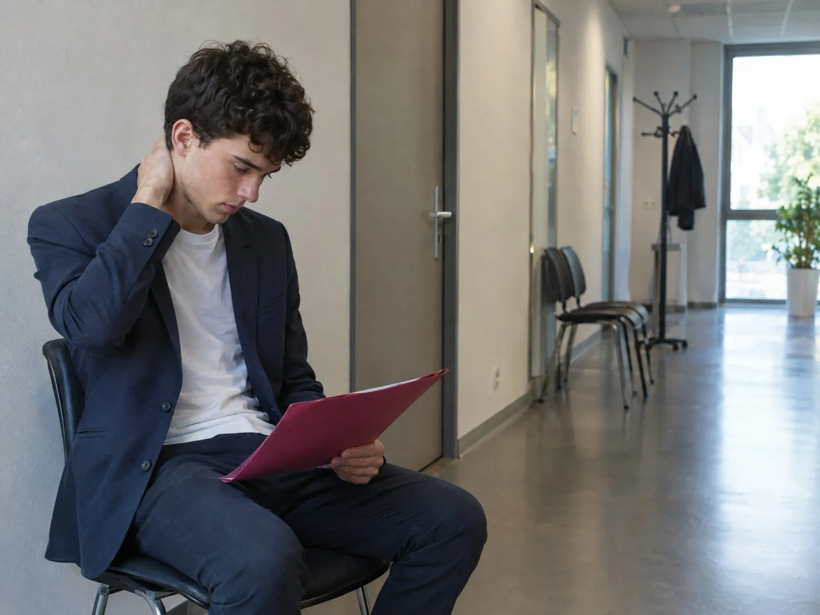 Un étudiant attend seul, CV à la main, avant d'entrer en entretien