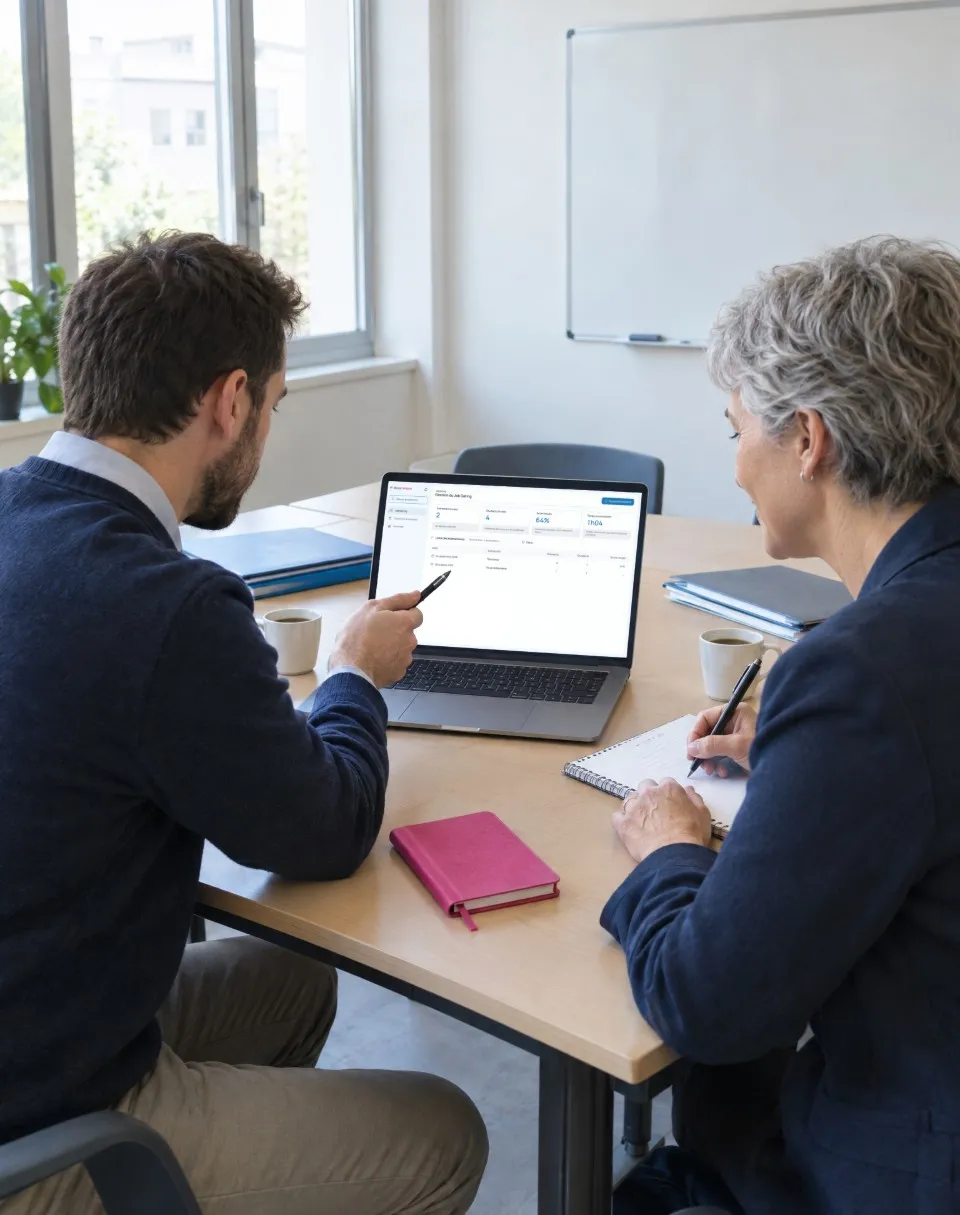Une enseignante et un étudiant préparent un job dating devant un ordinateur