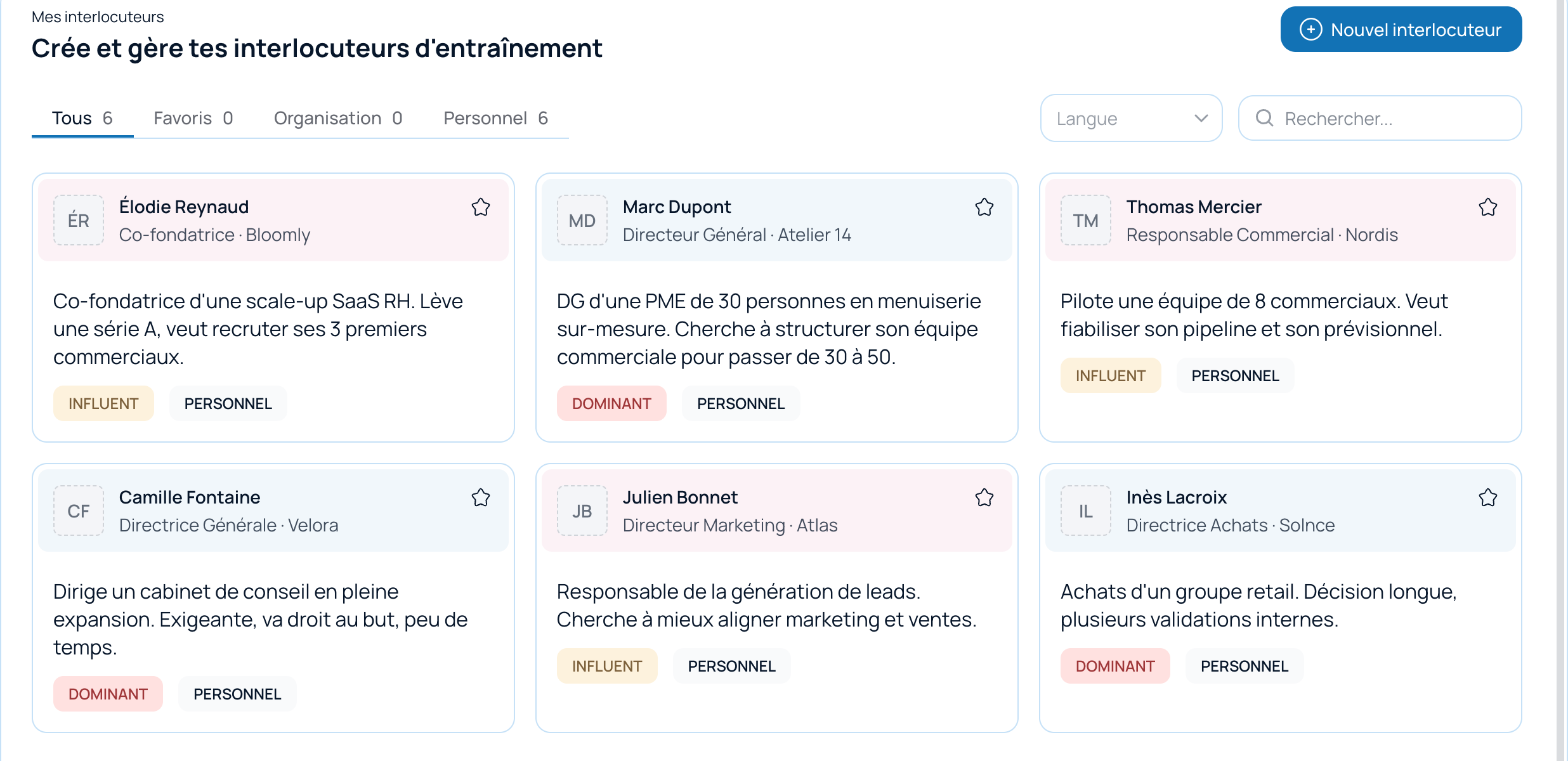 Liste des interlocuteurs IA BizzyTrainer