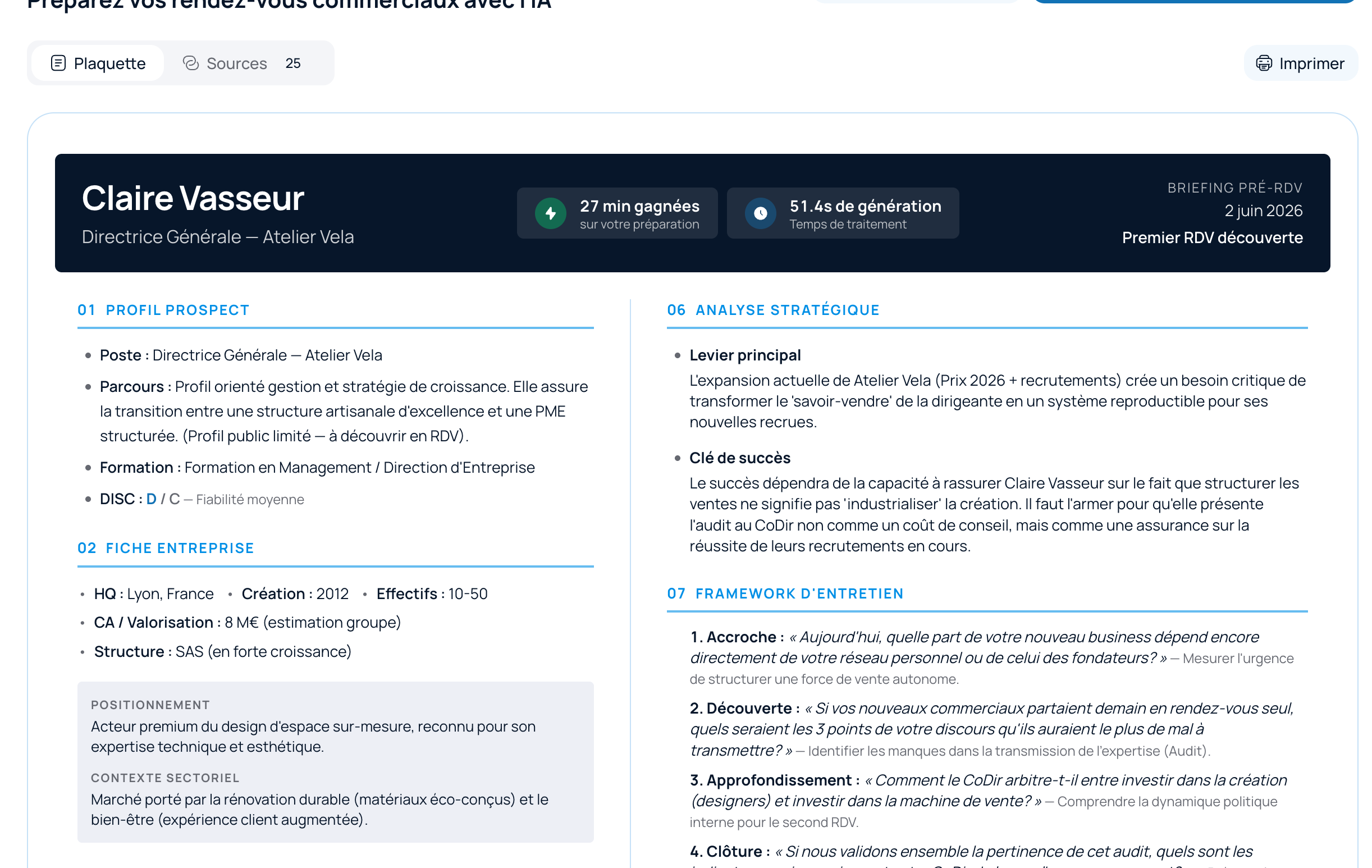 Capture d'écran de SmartBrief : le brief de préparation généré par l'IA avant un rendez-vous